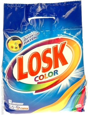 Универсальный удобный порошок Losk Color отстирает любые цветные вещи и сохранит яркие оттенки.